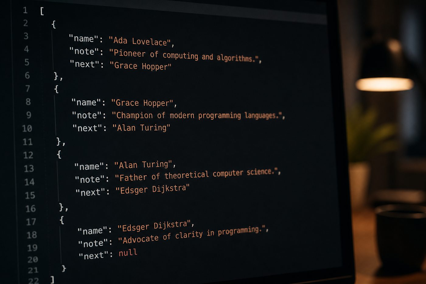 Registros locales como texto estructurado en una pantalla oscura